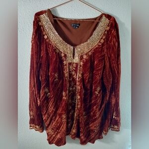 Women's ECI Tunic Soft Crushed Velvet Orange Sequin Blouse sz 22W